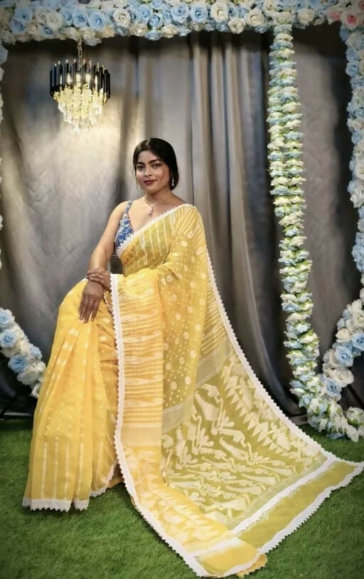 Exclusive Collection Beautiful Yellow Jaal Jamdani Saree