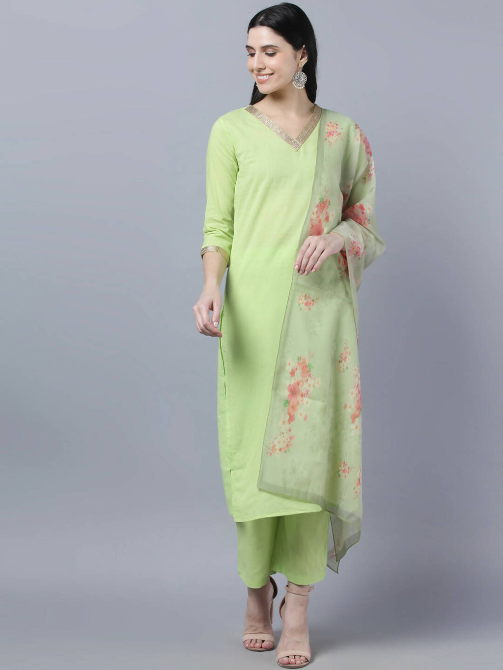 Myshka Women Green Regular Pure Cotton Kurta with Trousers With Dupatta Set