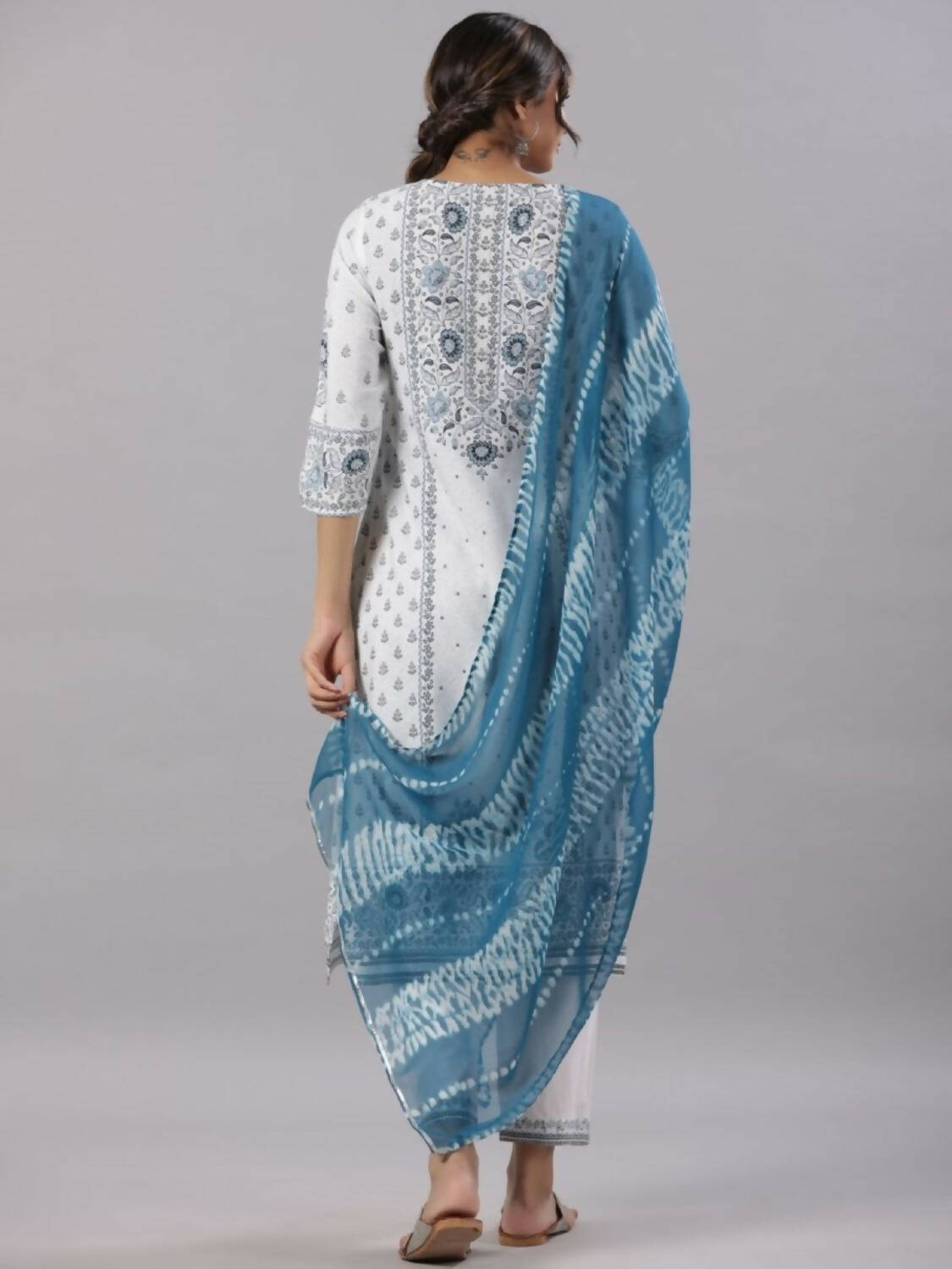 Juniper Women Sky-Blue Rayon Staple Kalamkari Printed Kurta, Pants and Dupatta Set