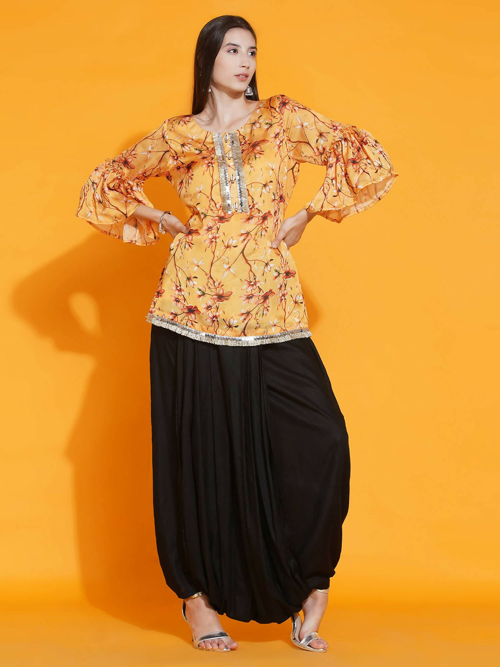 Women Republic Yellow Printed Satin Georgette Shirt With Bell Sleeves And Dhoti