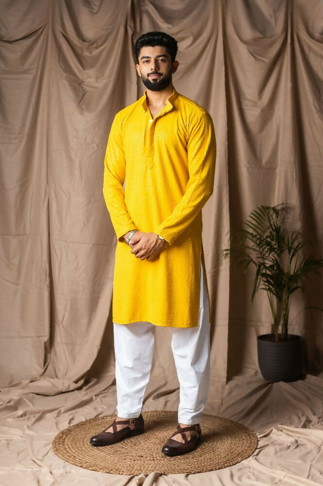 Light Yellow Rayon Thread Embroidery Work Kurta Set - Mahotsav