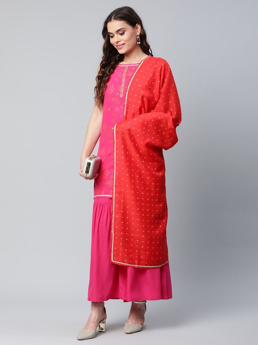 Ahalyaa Pink Crepe Orange khari Print Kurta Sharara Set With Dupatta