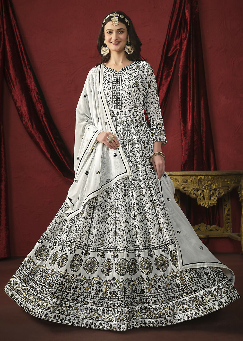 Stunning White Front & Back Embroidered Trendy Anarkali Suit - Emponline