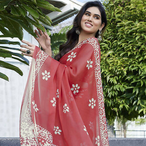Women's Partywear Designer Peach Chinon Shiffon Fancy Saree - Dyuti