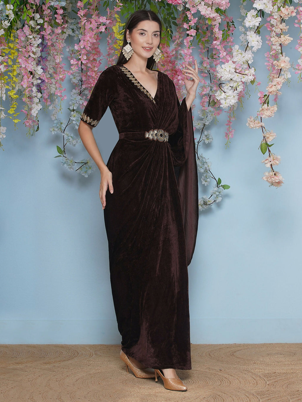 Joban Fashion Brown Hand Embellished Gown With Drape and Belt
