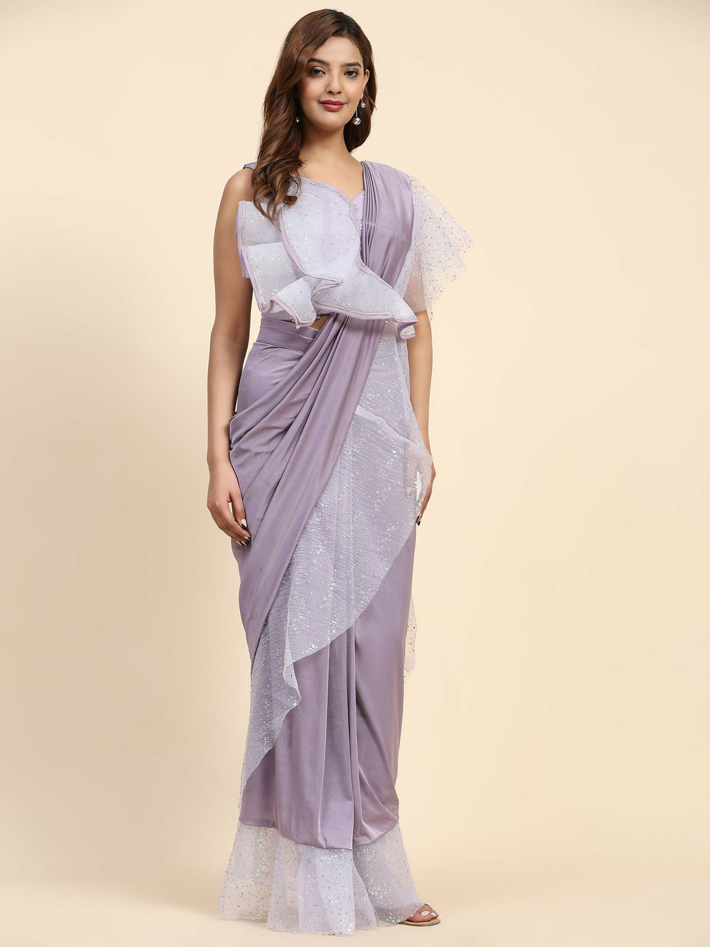 Light Purple Lycra Solid Ready to Wear Saree with stitched Blouse - Nita