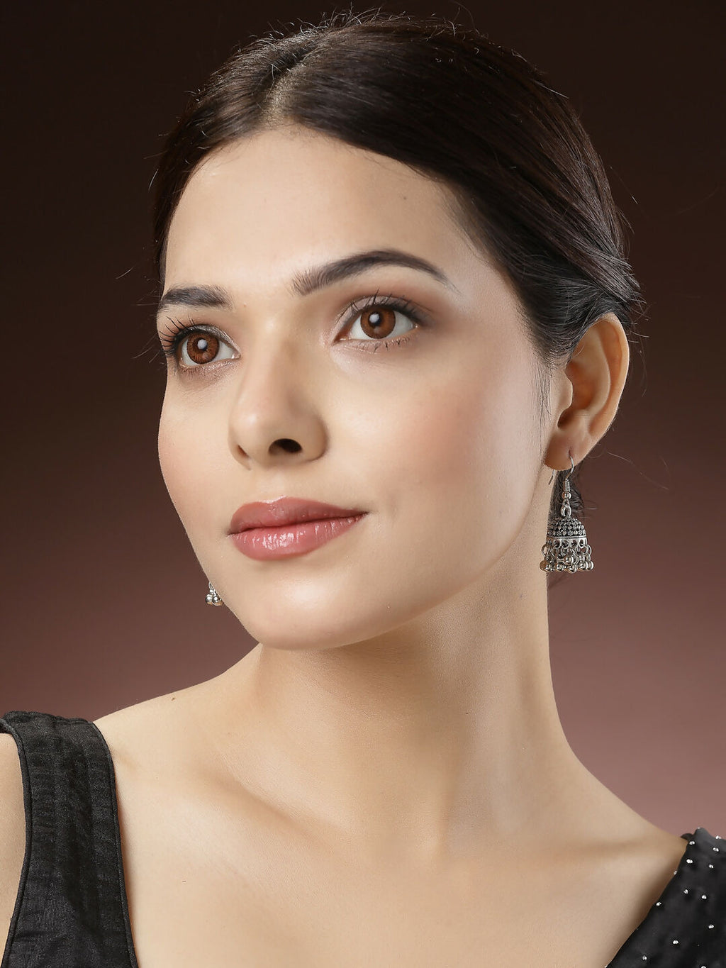 NVR Women's Set of 3 Silver-Toned German Silver Oxidised Dome Shaped Jhumka Earrings