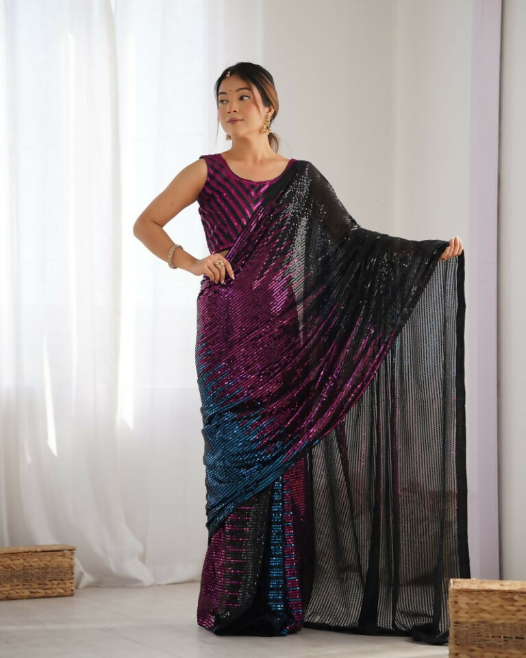 Black Georgette Designer Sequence Embroidery Work Saree - Radhe
