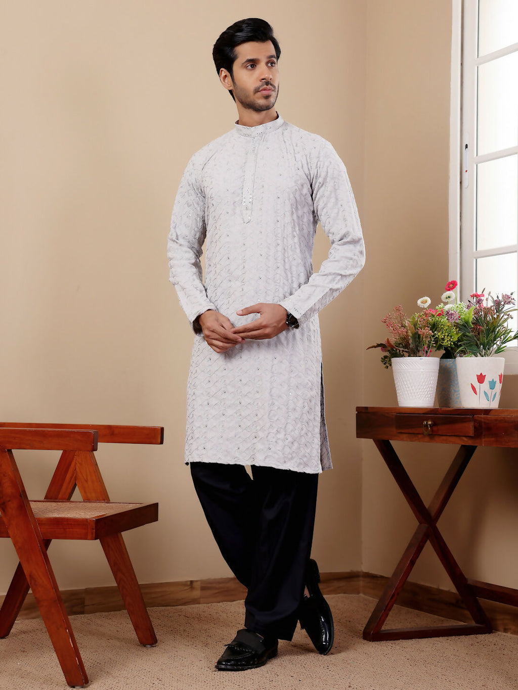 Light Blue Linen Designer Embroidery Work Men's Rajwadi Kurta Set - Mahotsav