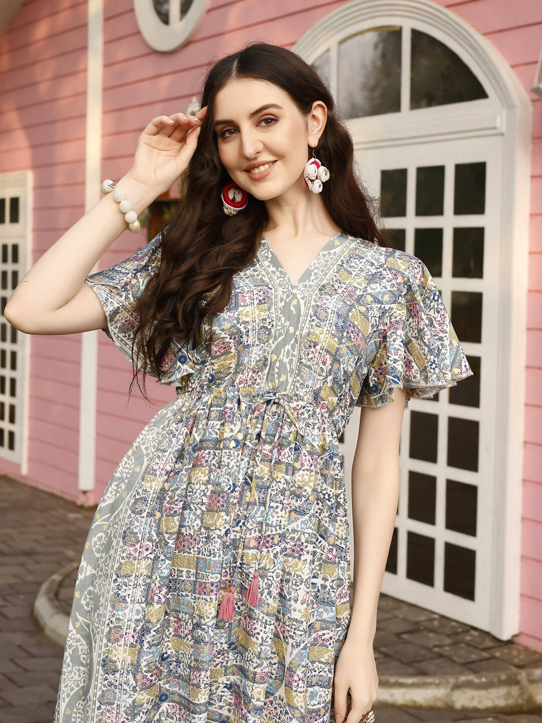 Green Rayon Foil Printed Long Dress - Michan