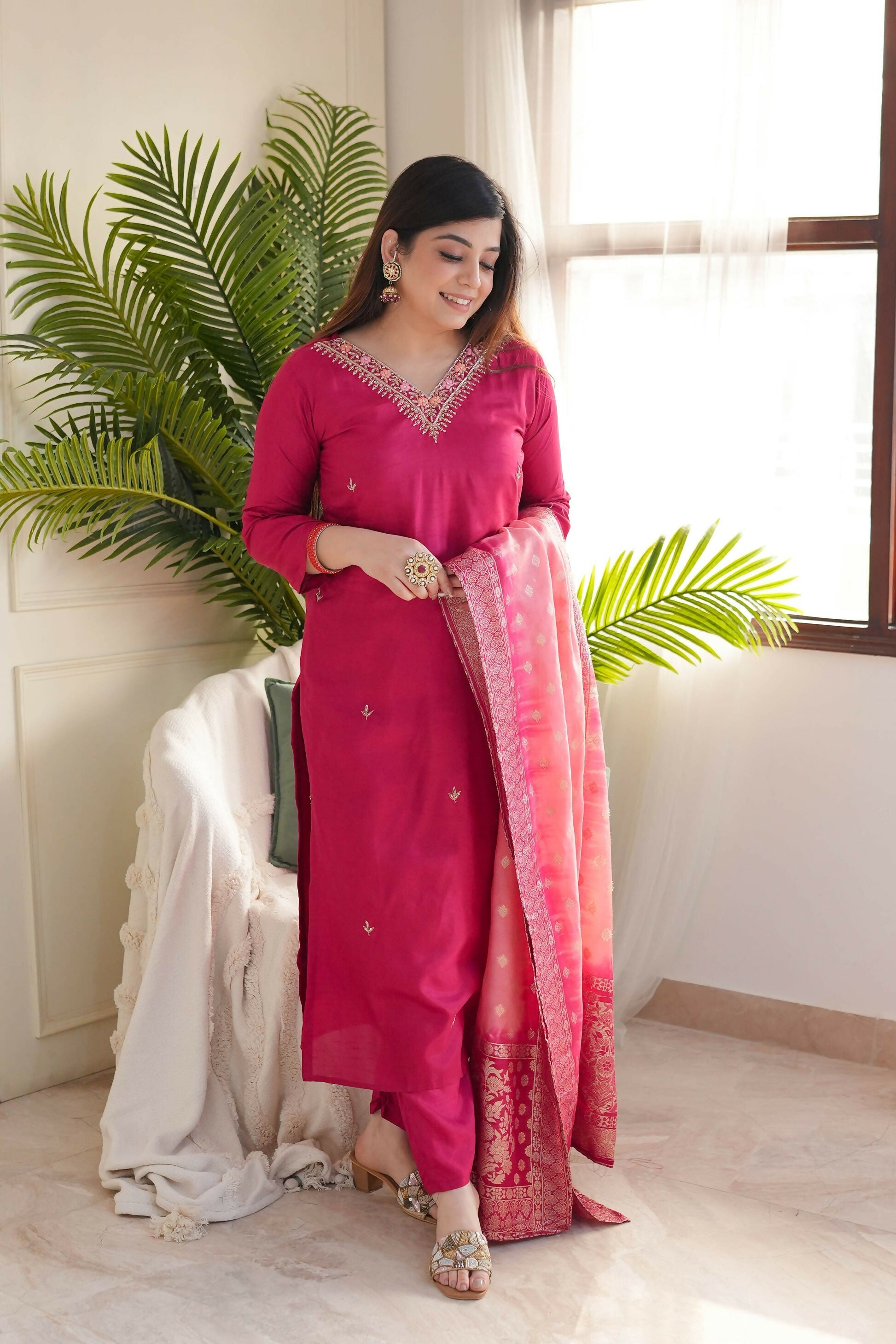 The52 Pink Women's Gorgeous Embroidered Vichitra Fabric Straight Kurta Pant with Dupatta Set