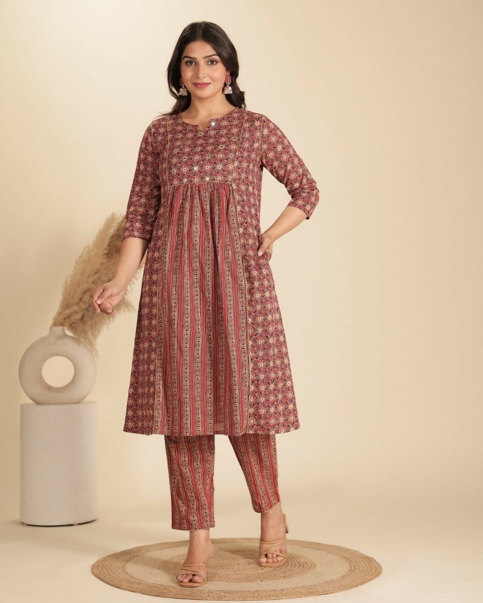 Aramya Red Soft Cotton Geometric Print Panelled Kurta Set for Women