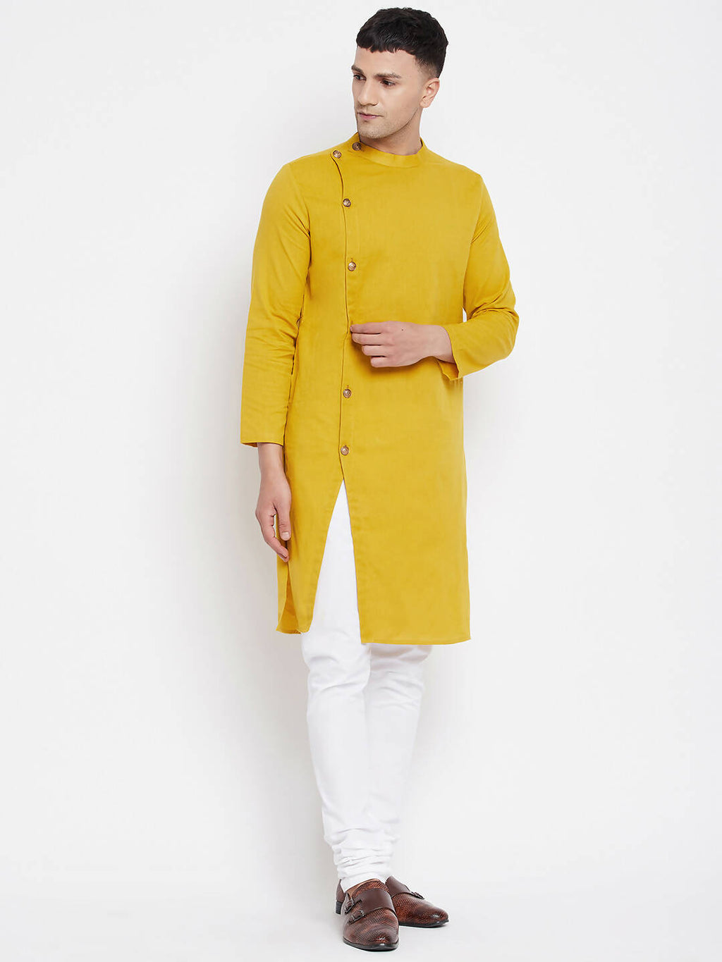 Even Apparels Yellow Pure Cotton Men's Sherwani Kurta With Asymetrical Cut