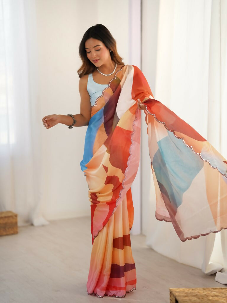 Multi Chinon Designer Digital Printed,Mirror Cut Work Saree - Sohni