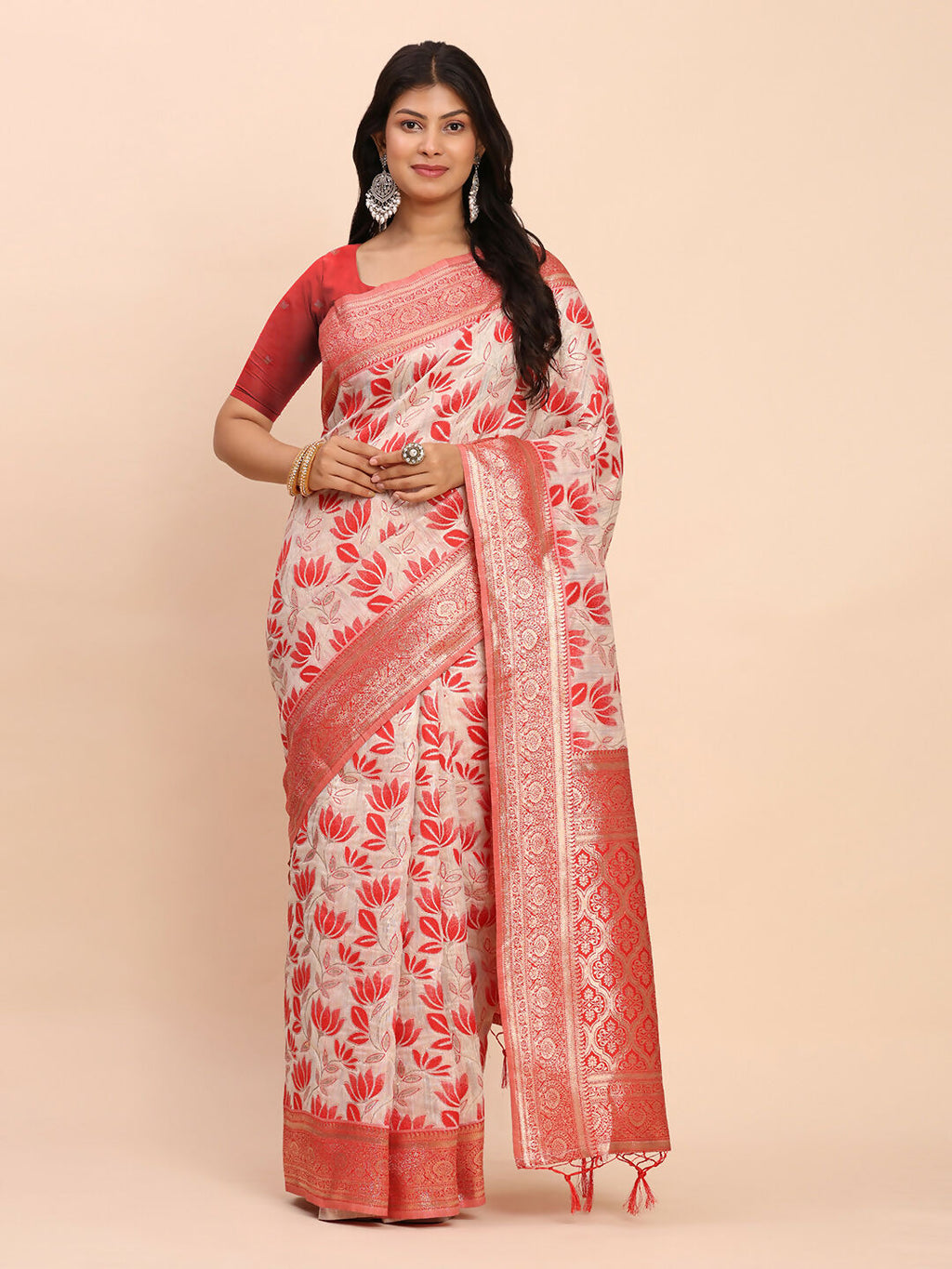 Shree Shyam Fashion Linen Cotton Red Saree