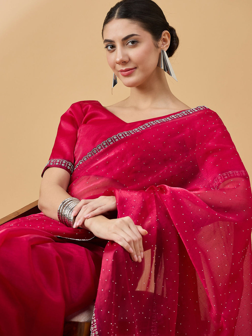 Pink Organza Swaroski Diamond Work Saree with Unstitched Blouse - Radha