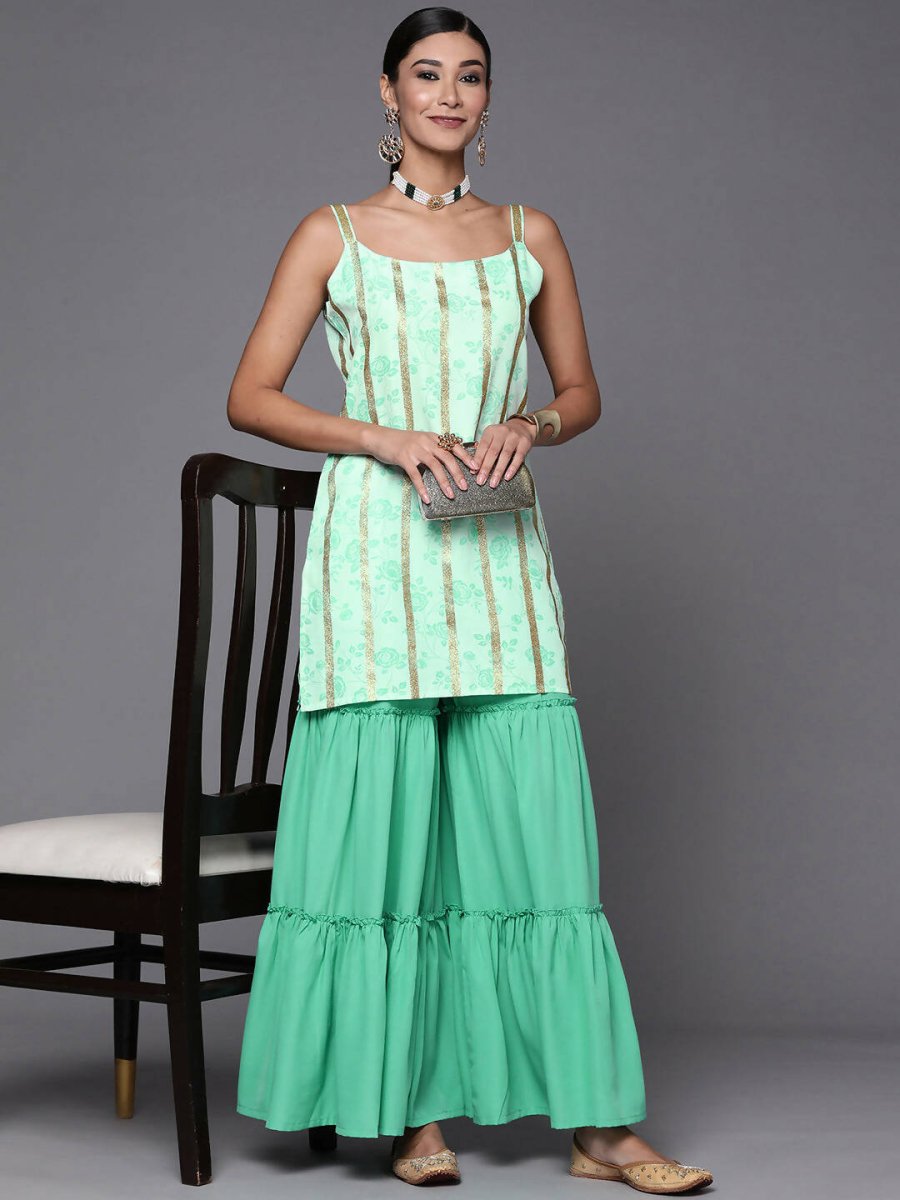 Ahalyaa Blue & Gold Floral Printed & Striped Straight Kurti with Sharara