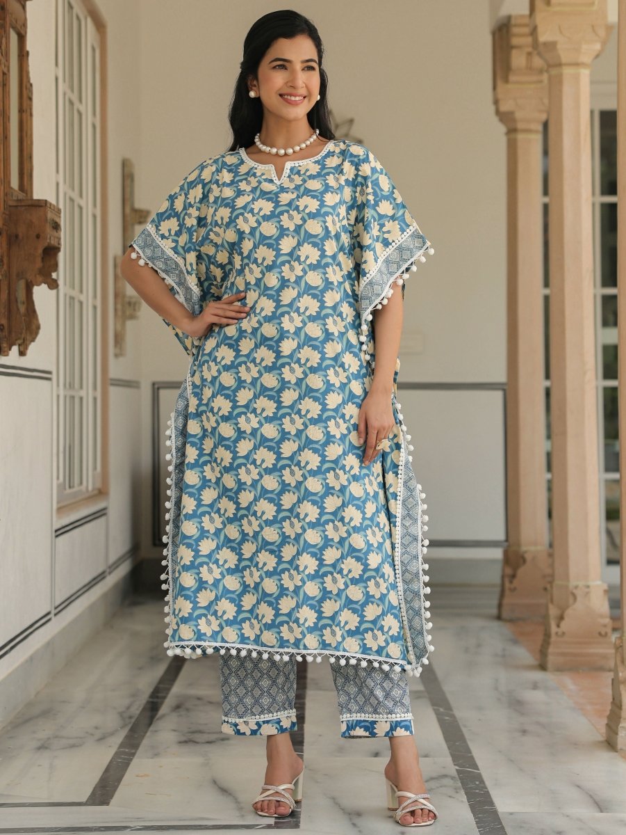 Aramya Kaftan Soft Cotton Floral Print Women's Kurta - Blue