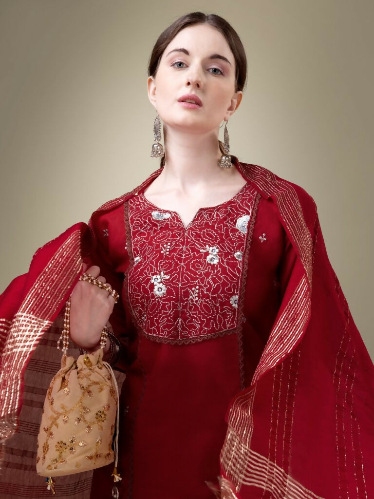 Jyoti Fashion Women's Maroon Cotton Blend Embroidery & Fancy Lace work Kurta with Trouser & Dupatta