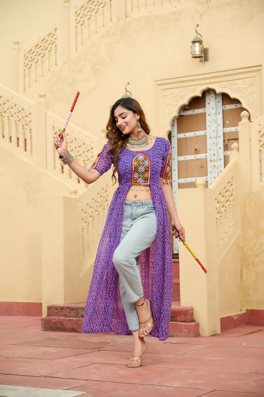 Vastranavya Blue Navratri Special Kutchi Patch Work with Bandhani Printed Faux Georgette Kurti