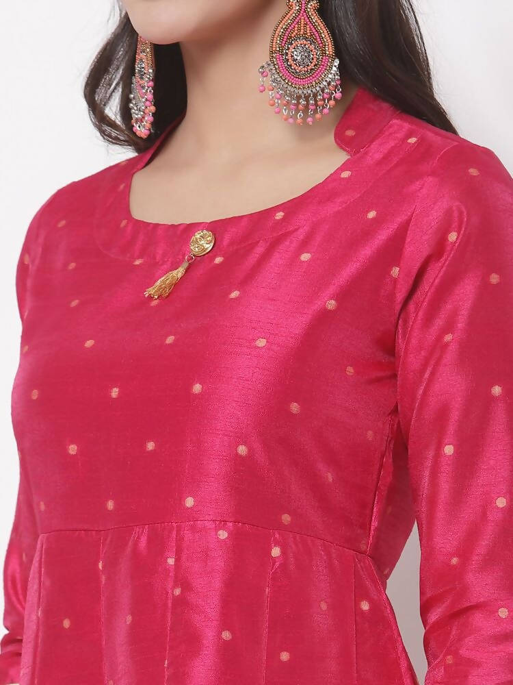 Myshka Women's Pink Silk Solid 3/4 Sleeve Round Neck Casual Anarkali Gown with Dupatta