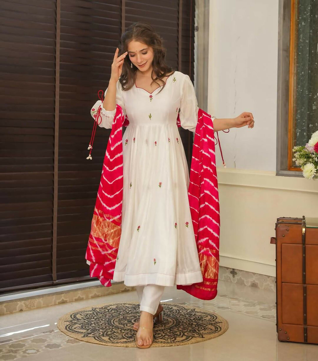 The52 Off White Women's Beautiful Chanderi Fabric Thread work Flared Anarkali with Pant And Dupatta Set