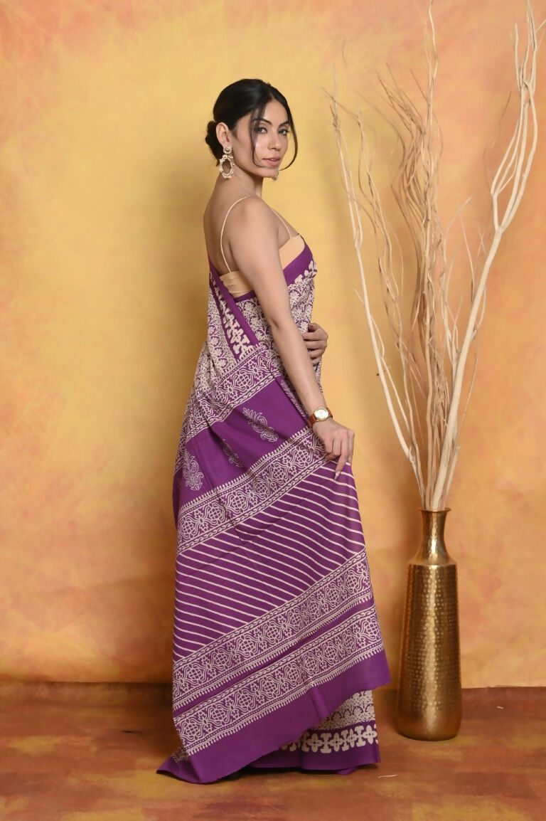 Very Much Indian Handblock Printed Cotton Saree With Natural Dyes - White