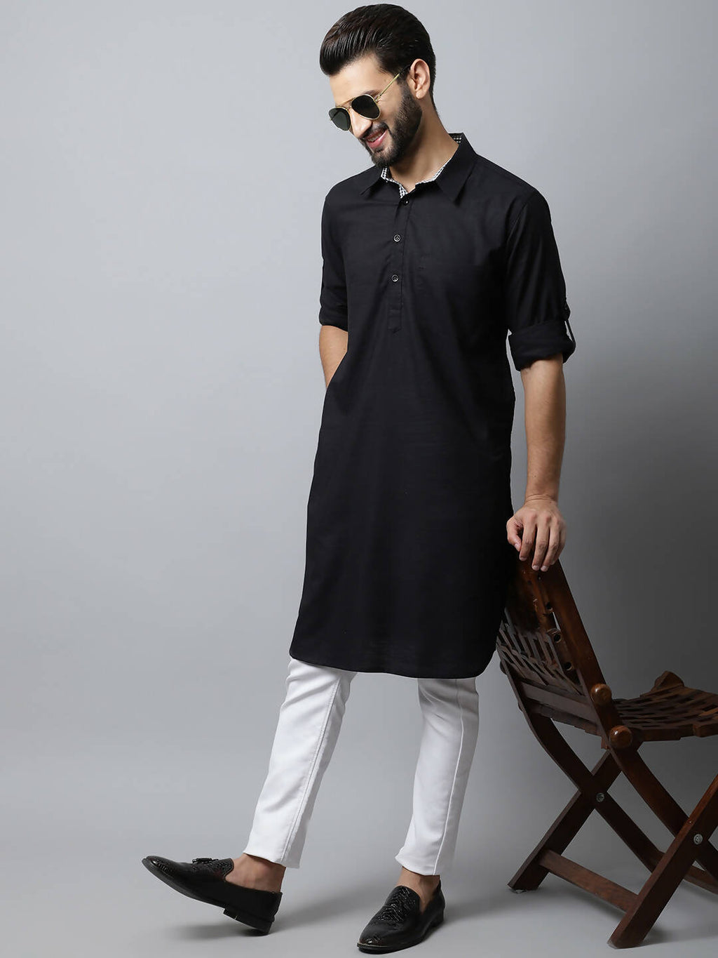Even Apparels Black Color Linen Solid Men's Kurta With Shirt Collar (LN761)