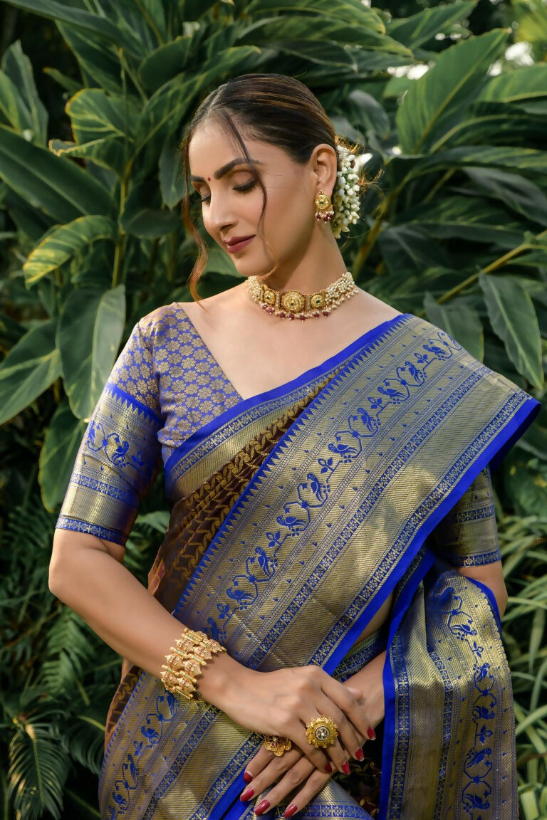 Jyoti Fashion Women's Coffee Kanjivaram Silk Zari Woven Saree with Blouse