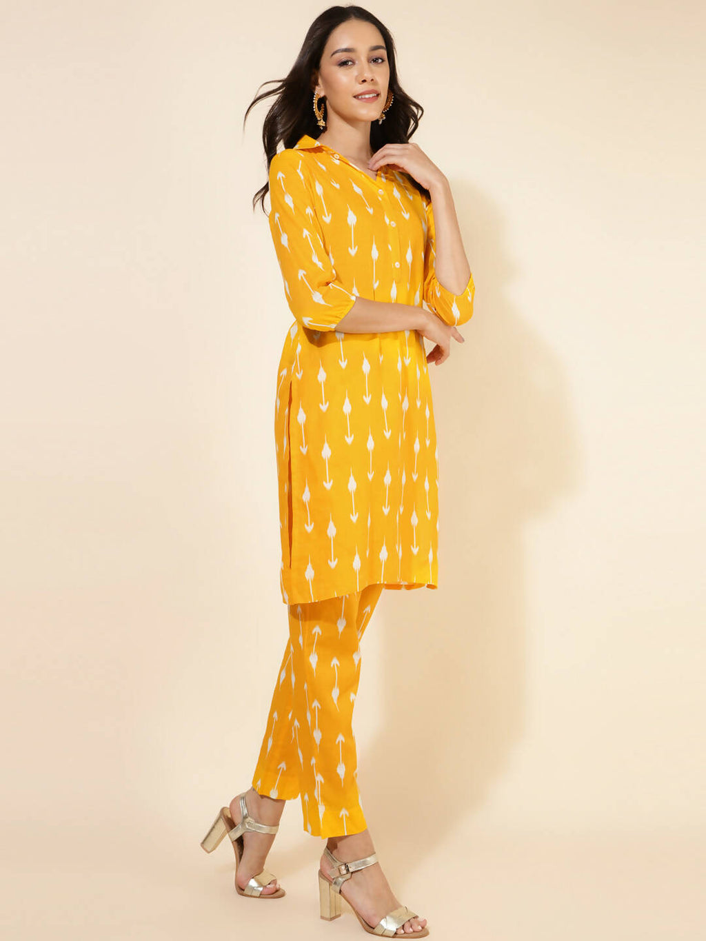 Janasya Women's Yellow Cotton Ikkat Printed Casual Straight Co-ords