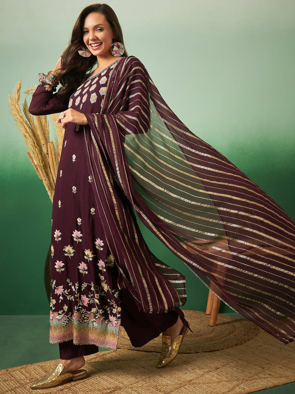 Wine Georgette Handwork Unstitched Dress Material - Hanika
