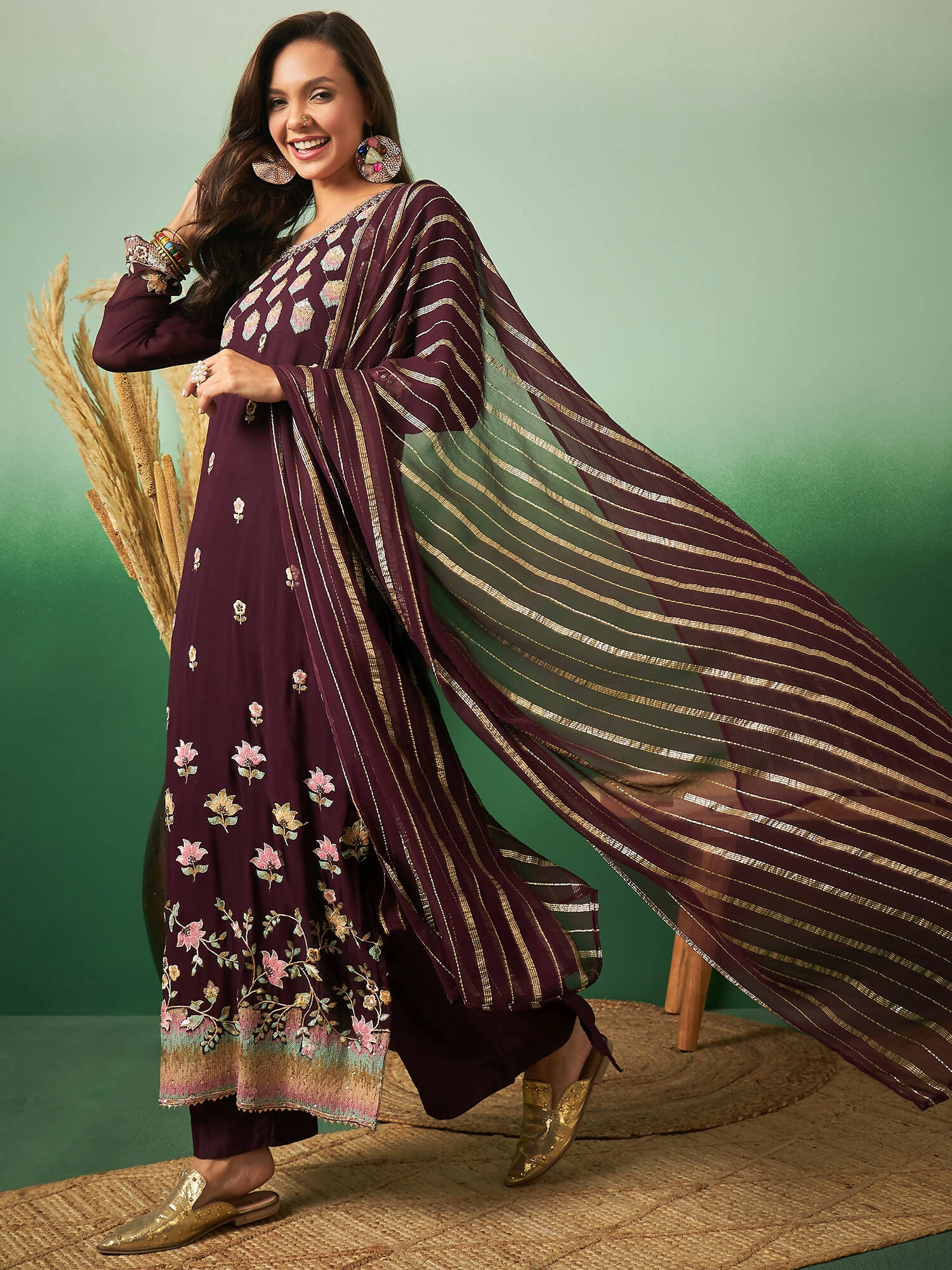 Wine Georgette Handwork Unstitched Dress Material - Hanika