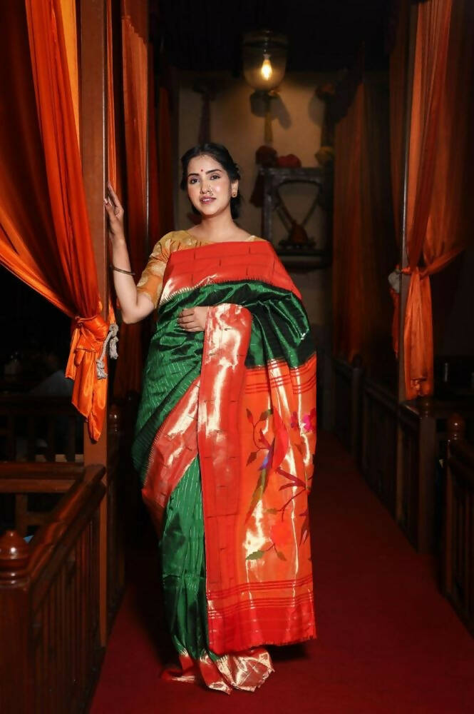 Very Much Indian Triple Muniya Border Paithani- Authentic Handloom Pure Silk With Parrots Pallu - Zari Stripes