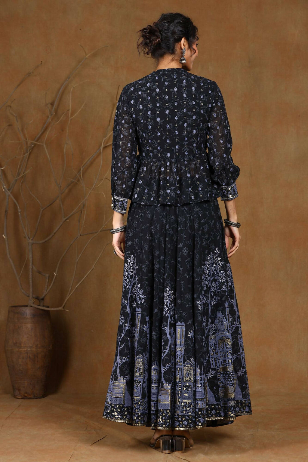 Juniper Women Black Georgette Printed Flared Lehenga Choli Sets