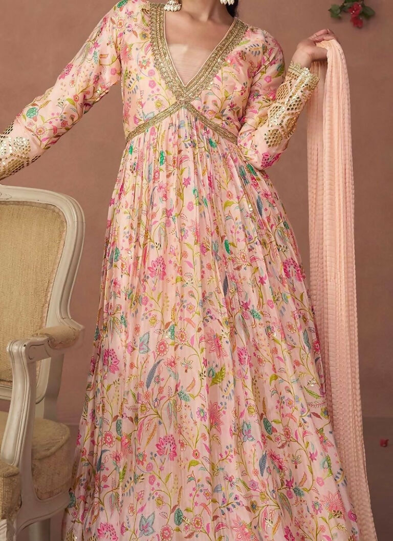 Vastranavya Peach Anarkali Suit Set In Organza Silk Floral Printed & Foil Mirror Work