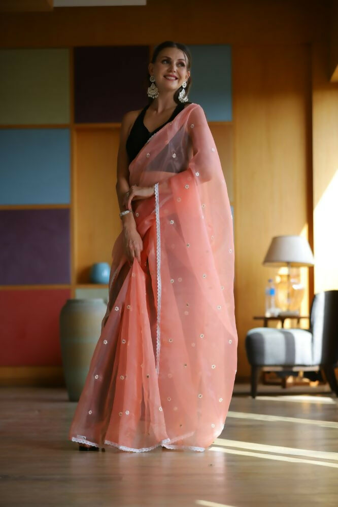 Vamsee Manbhari Peach Organza Saree