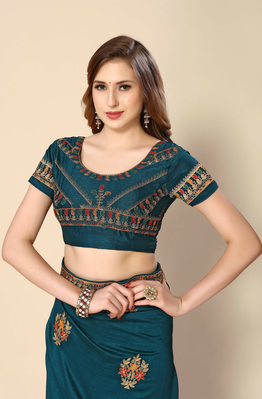 Teal Chinon Embroidered Saree with Unstitched Blouse Piece - Roozal