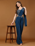 Blue Polyester Solid Ready to Wear Saree with stitched Blouse - Nita