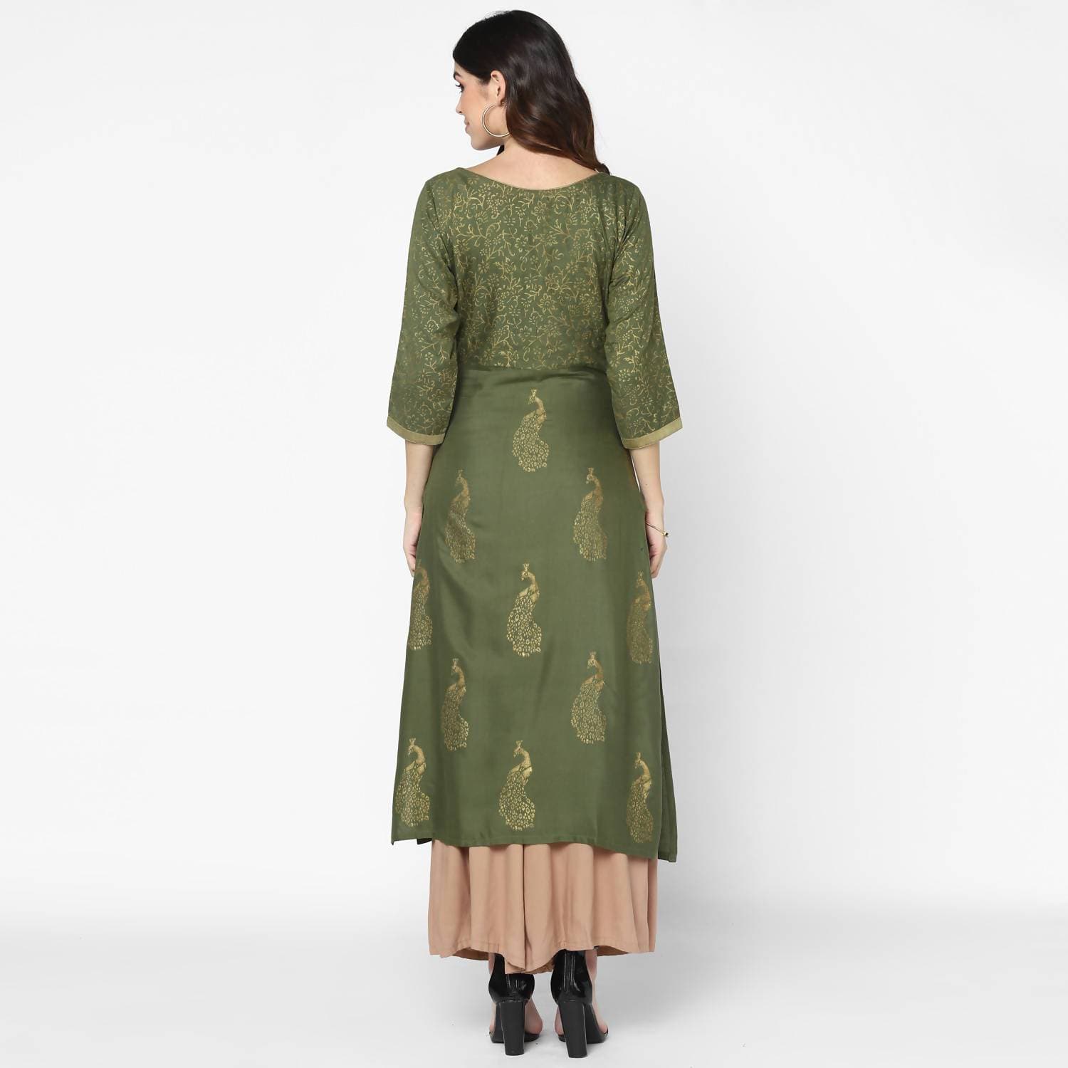 Cheera Hand Block Print Olive Green Straight Kurta (MAAI-057K)