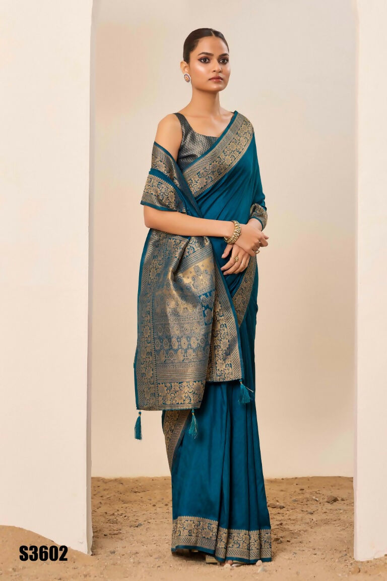 Teal Blue Dolla Silk Wevon Galla Designer Saree - Zeel