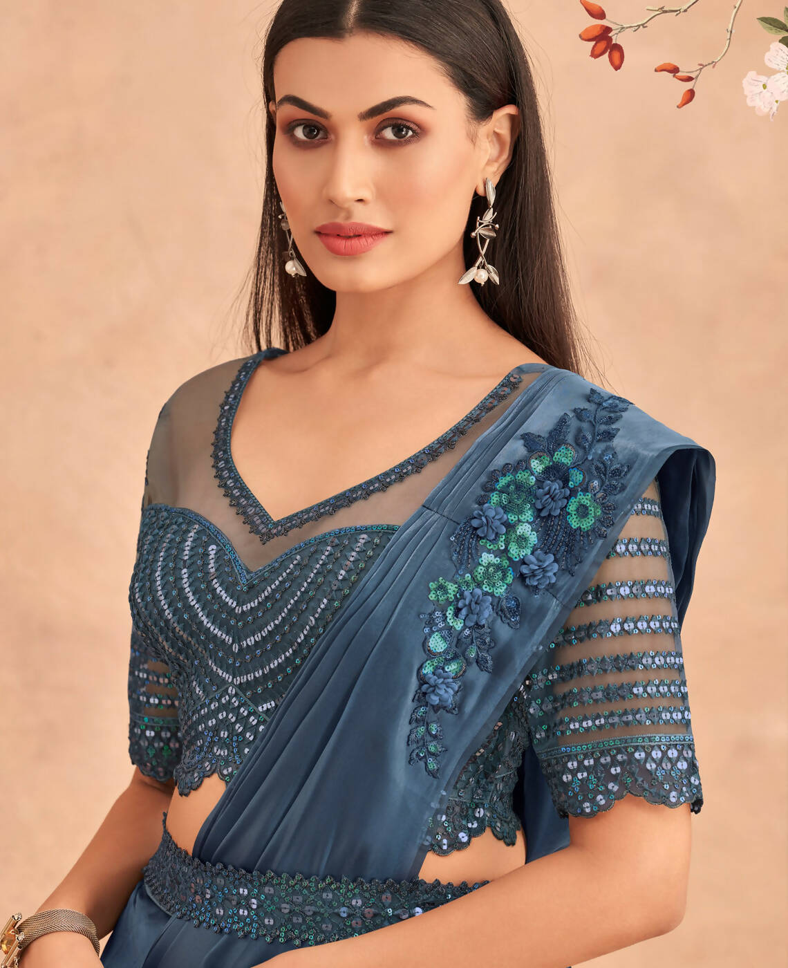 Navy Blue Satin Embroidered Ready To Wear Saree With Unstitched Blouse Piece - Nandika