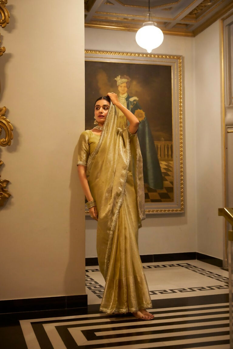 Vastranavya Gold Tissue Shimmer Zari Weaving Work Saree with Unstitched Blouse Gold