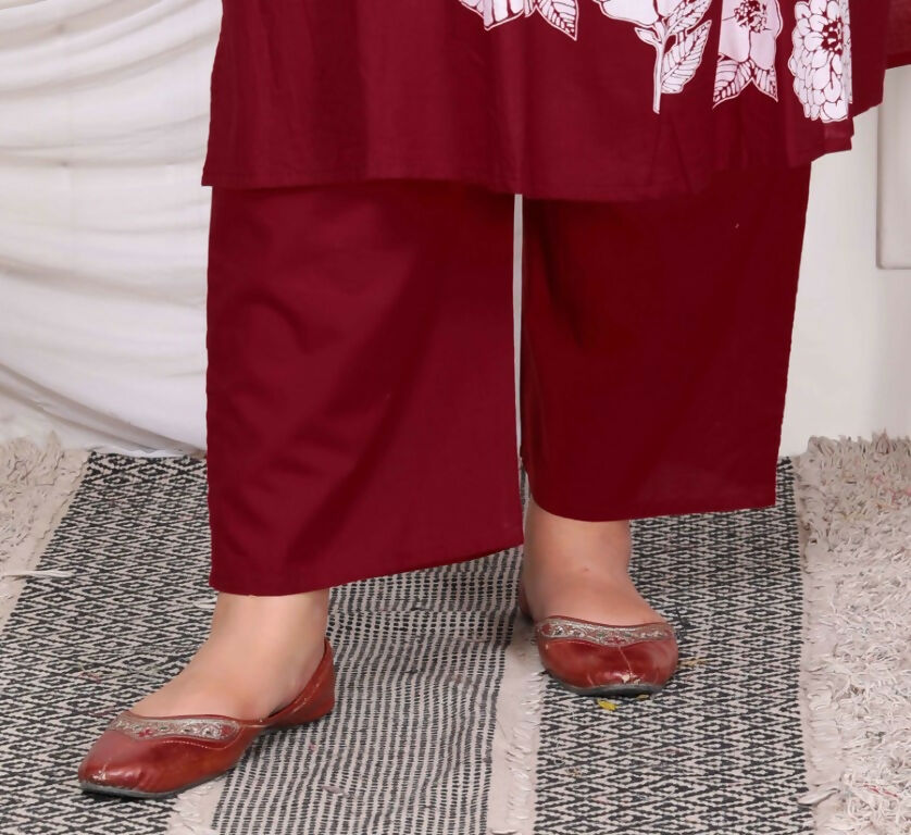Miravan Women's Plus Size Wine Pintucks Cotton Floral Elegant Straight Kurta and Palazzo with Dupatta Set