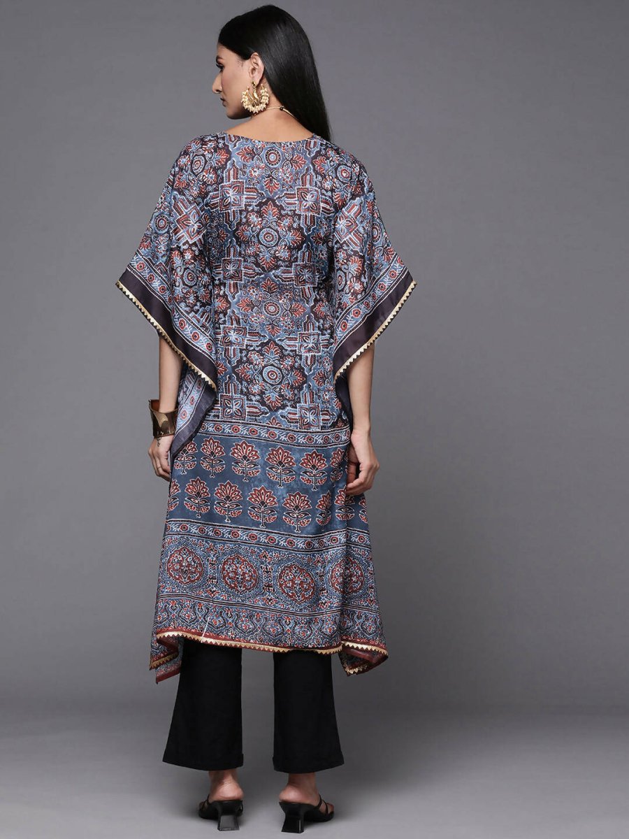 Ahalyaa Navy Blue & Maroon Floral Print Kaftan Kurta