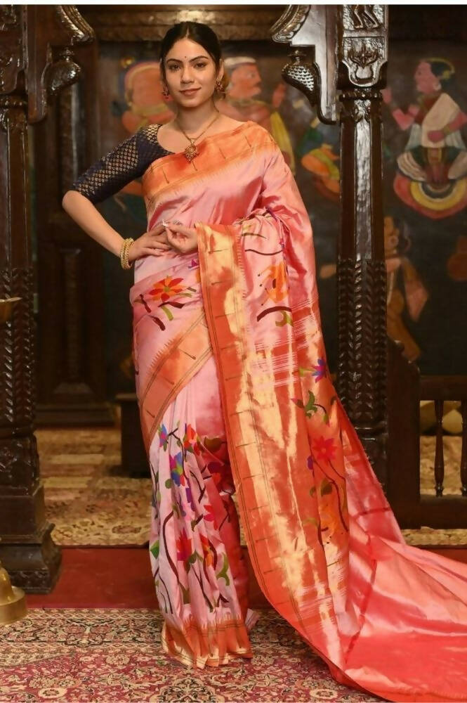Very Much Indian Pure Silk Intricately Woven Handloom Paithani-Pretty Peach