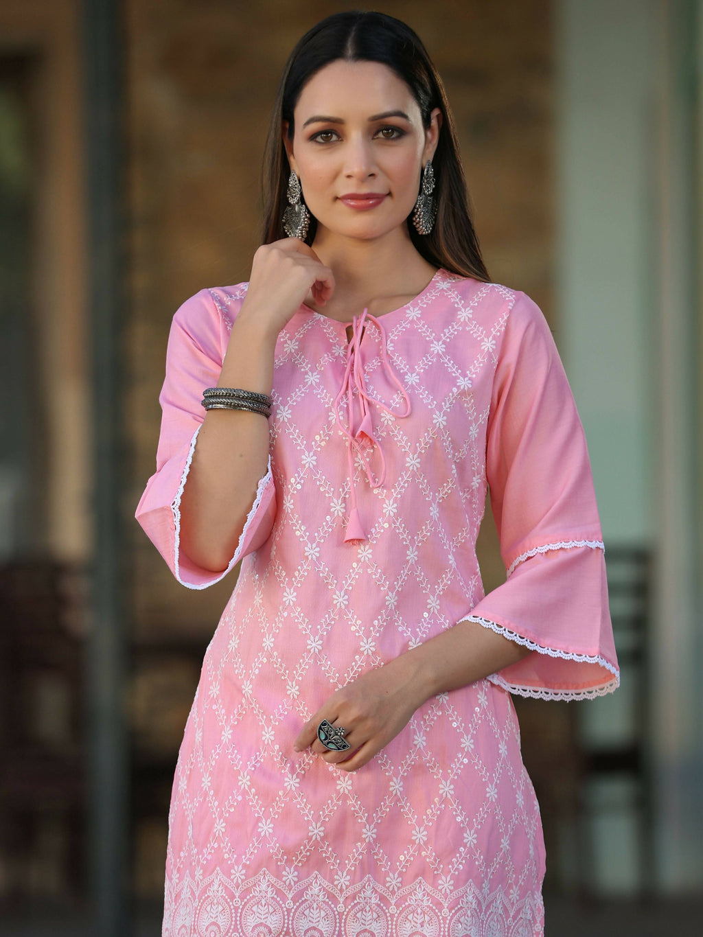 Juniper Women's Pink Chinnon Embroidered Kurta Garara Set