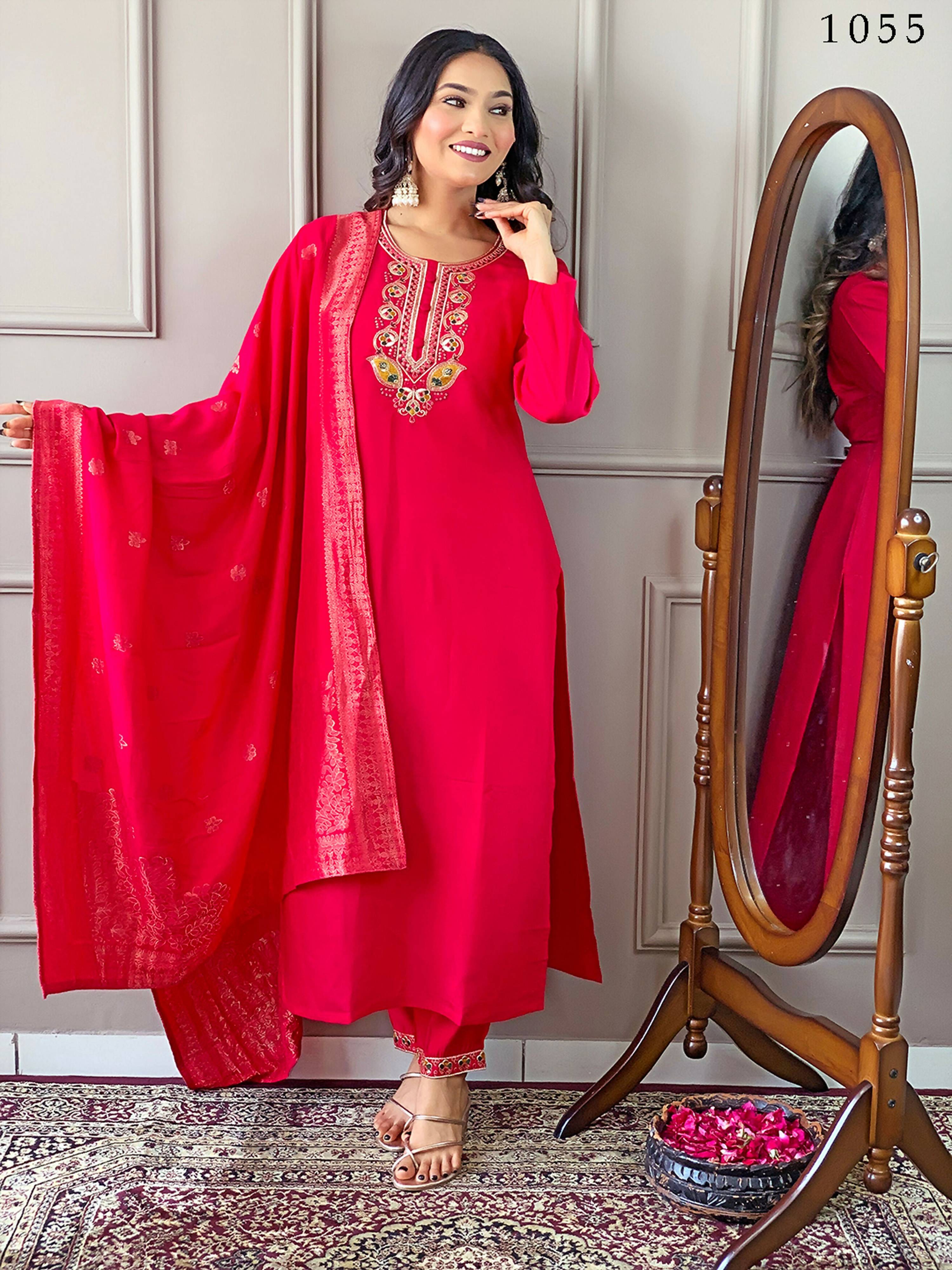 Partywear Designer Viscose Chanderi Red Stitched Suit With Dupatta - Anbazaar
