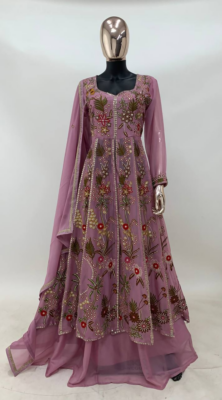 Lorenvalley Fashion Pink Viscose Silk Embroidery Work Gown Skirt Stitched