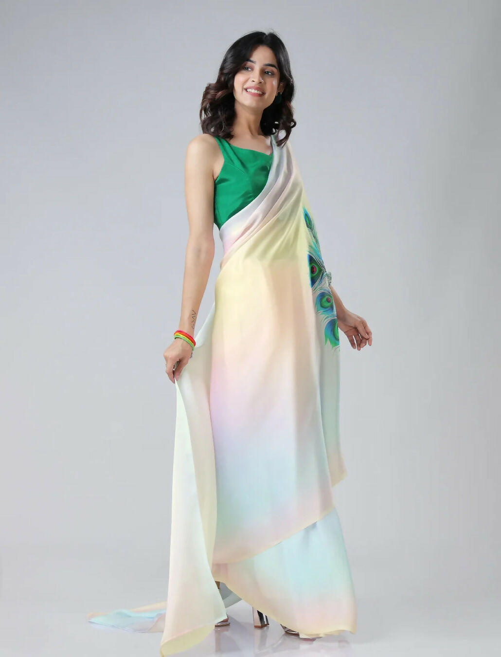 Vastranavya Pastel Rainbow Freehand Peacock Feather Print Ready to Wear Saree