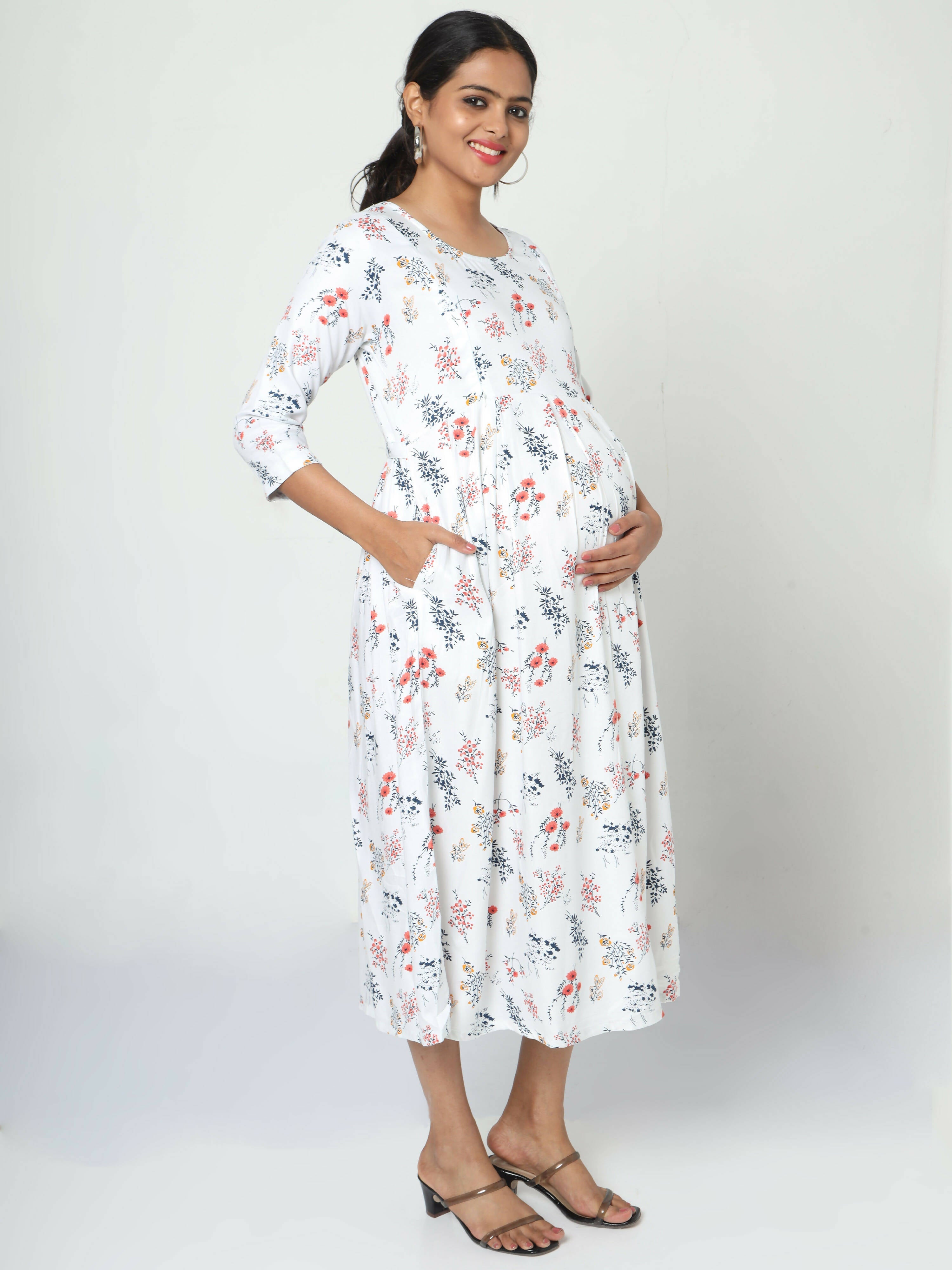Manet Three Fourth Maternity Dress Floral Print With Concealed Zipper Nursing Access - White